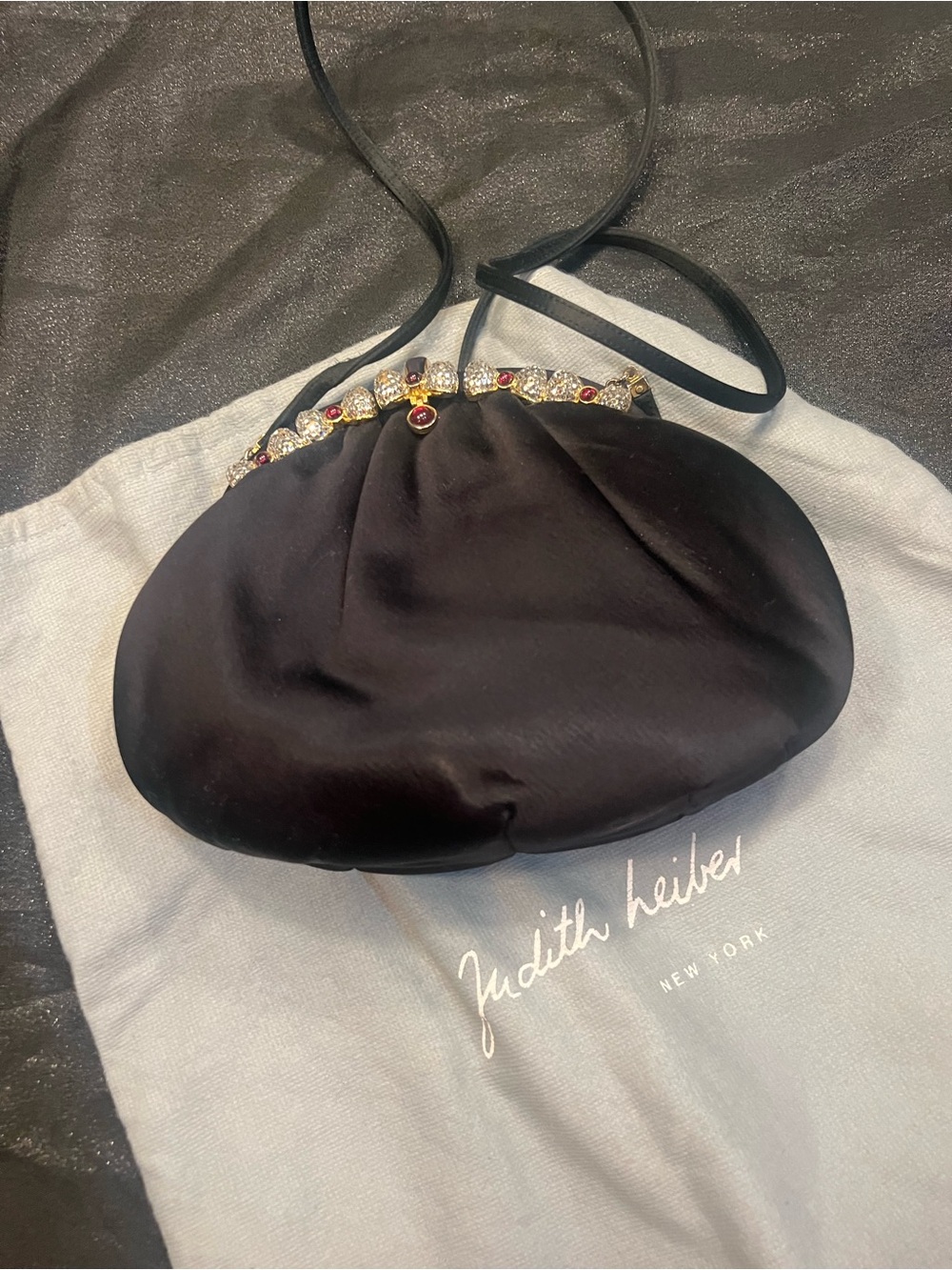 Judith Leiber Black Satin Jeweled Evening Bag with Ruby Accents